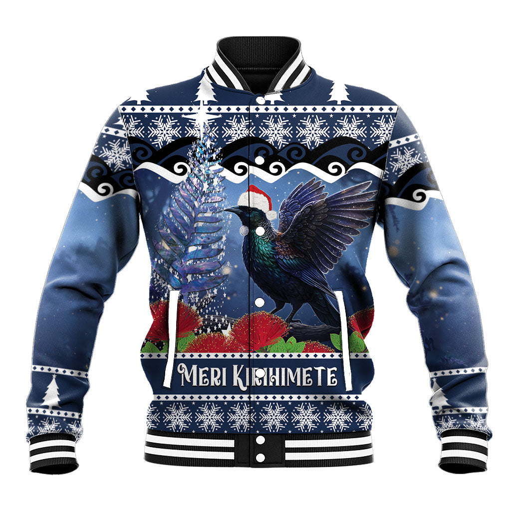 New Zealand Tui Bird Christmas Baseball Jacket Pohutukawa Xmas Tree Meri Kirihimete