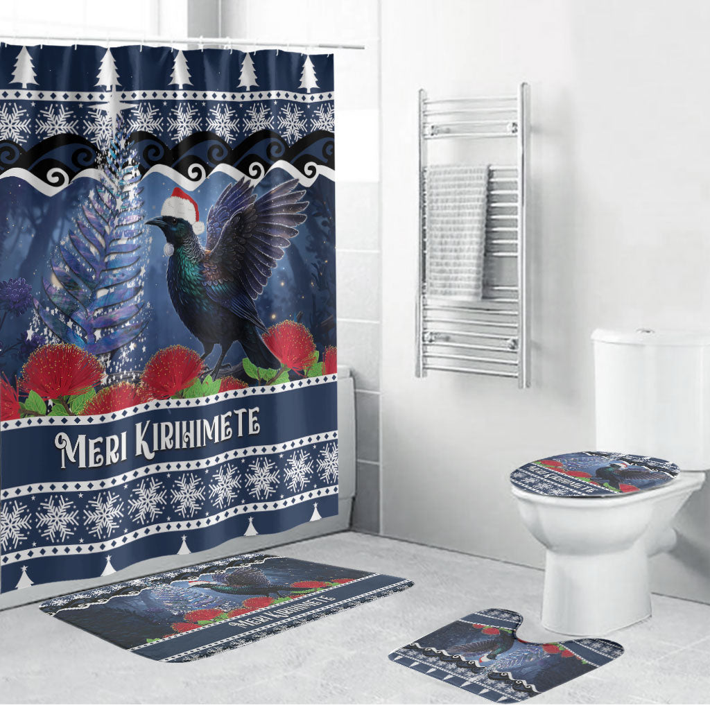 New Zealand Tui Bird Christmas Bathroom Set Pohutukawa Xmas Tree Meri Kirihimete LT22 Bathroom Set (4 pcs) Blue - Polynesian Pride