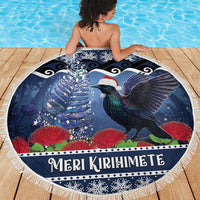 New Zealand Tui Bird Christmas Beach Blanket Pohutukawa Xmas Tree Meri Kirihimete