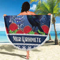 New Zealand Tui Bird Christmas Beach Blanket Pohutukawa Xmas Tree Meri Kirihimete