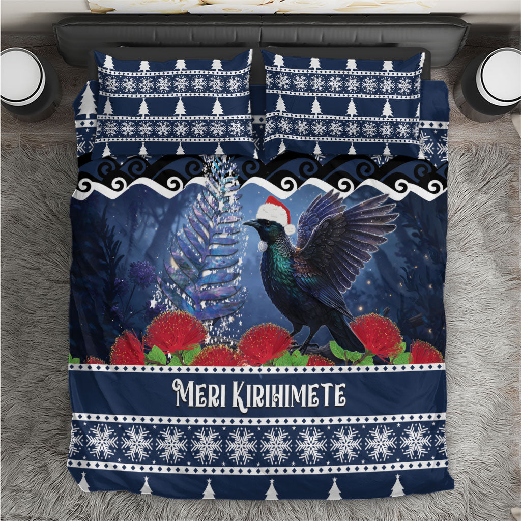 New Zealand Tui Bird Christmas Bedding Set Pohutukawa Xmas Tree Meri Kirihimete LT22 Blue - Polynesian Pride