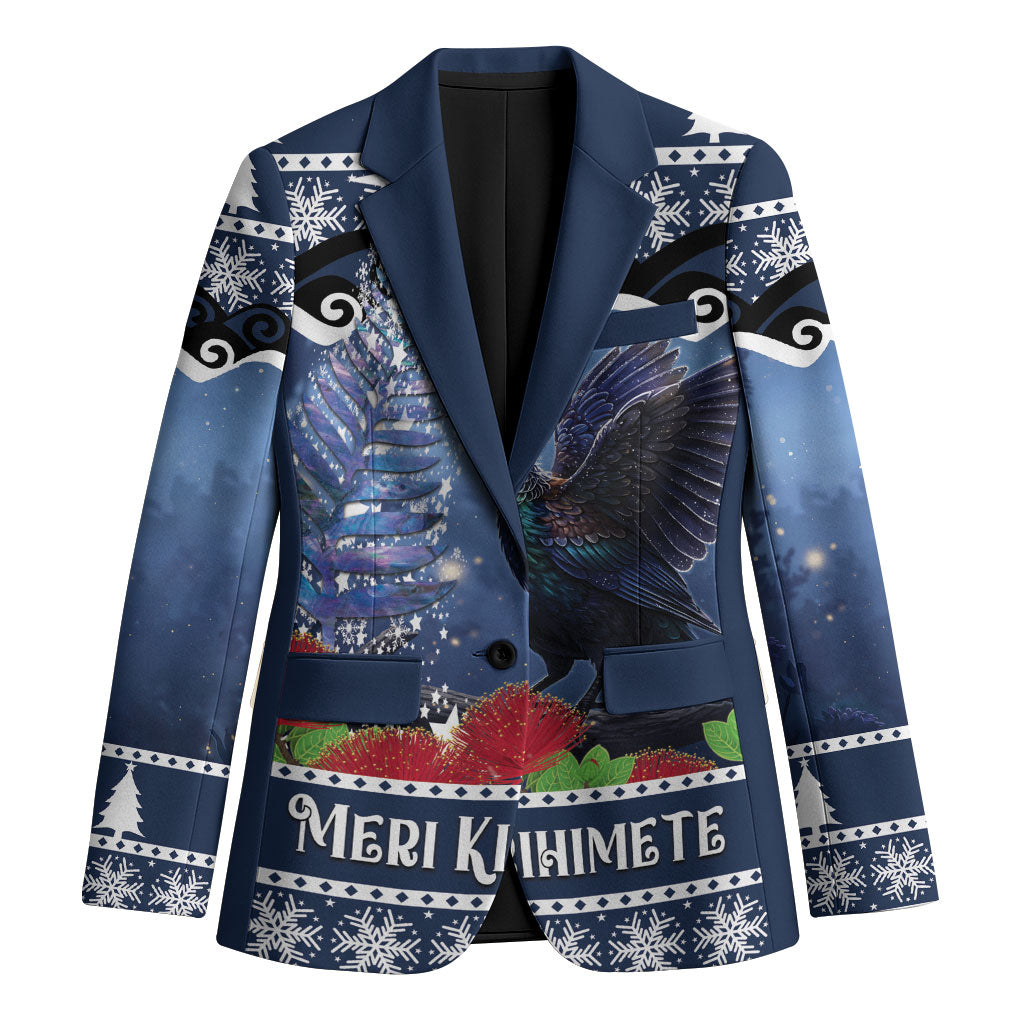 New Zealand Tui Bird Christmas Blazer Pohutukawa Xmas Tree Meri Kirihimete LT22 Unisex Blue - Polynesian Pride
