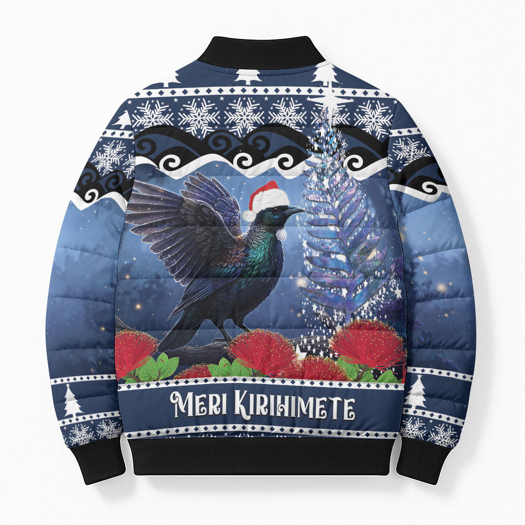 New Zealand Tui Bird Christmas Bomber Puffer Jacket Pohutukawa Xmas Tree Meri Kirihimete
