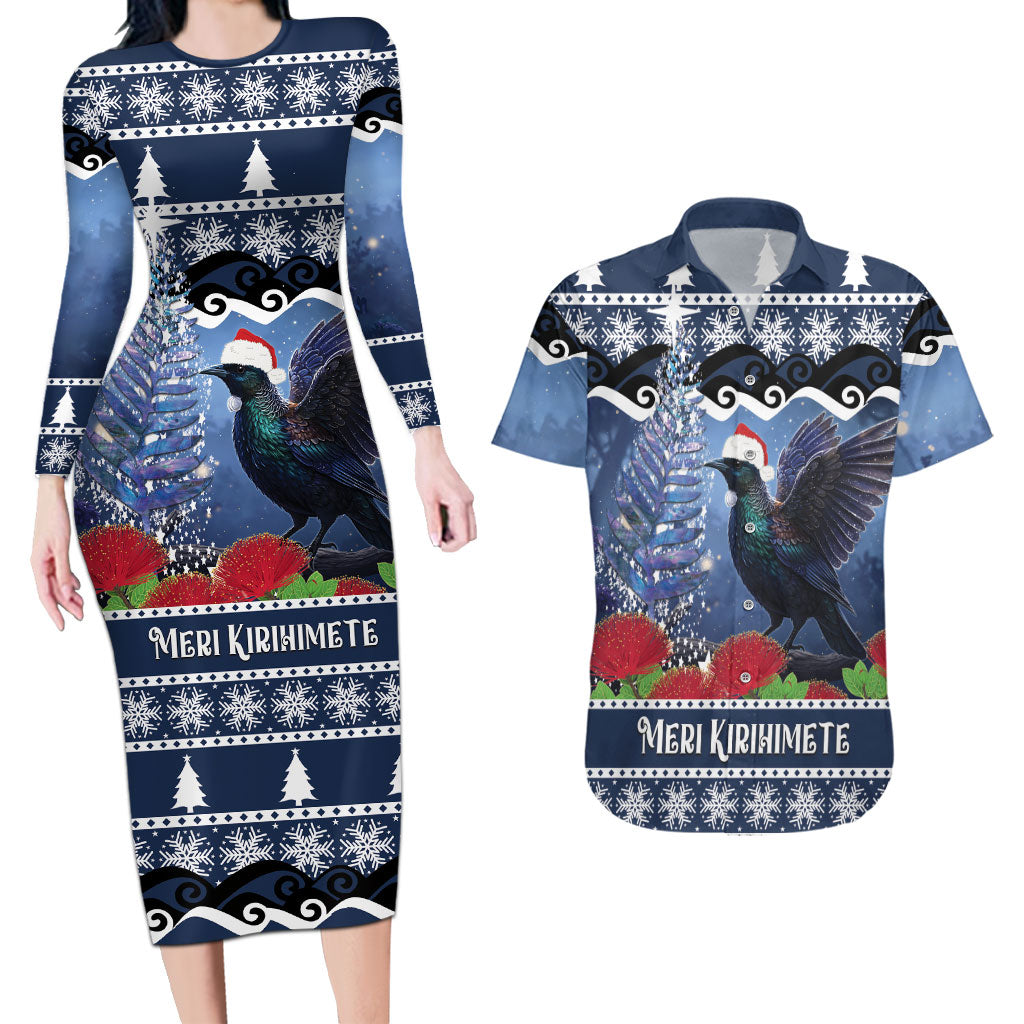 New Zealand Tui Bird Christmas Couples Matching Long Sleeve Bodycon Dress and Hawaiian Shirt Pohutukawa Xmas Tree Meri Kirihimete LT22 Blue - Polynesian Pride
