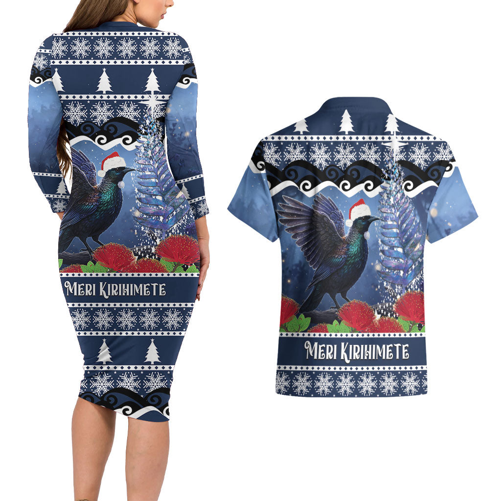 New Zealand Tui Bird Christmas Couples Matching Long Sleeve Bodycon Dress and Hawaiian Shirt Pohutukawa Xmas Tree Meri Kirihimete