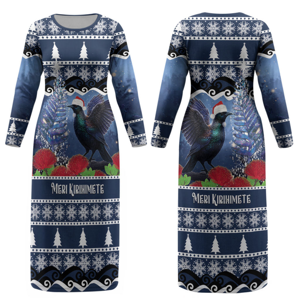 New Zealand Tui Bird Christmas Couples Matching Long Sleeve Bodycon Dress and Hawaiian Shirt Pohutukawa Xmas Tree Meri Kirihimete LT22 - Polynesian Pride