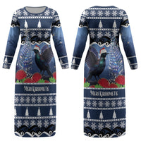 New Zealand Tui Bird Christmas Couples Matching Long Sleeve Bodycon Dress and Hawaiian Shirt Pohutukawa Xmas Tree Meri Kirihimete LT22 - Polynesian Pride