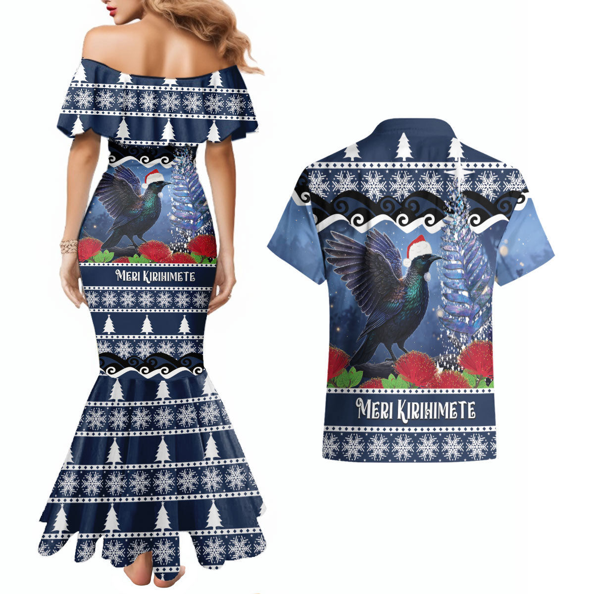 New Zealand Tui Bird Christmas Couples Matching Mermaid Dress and Hawaiian Shirt Pohutukawa Xmas Tree Meri Kirihimete
