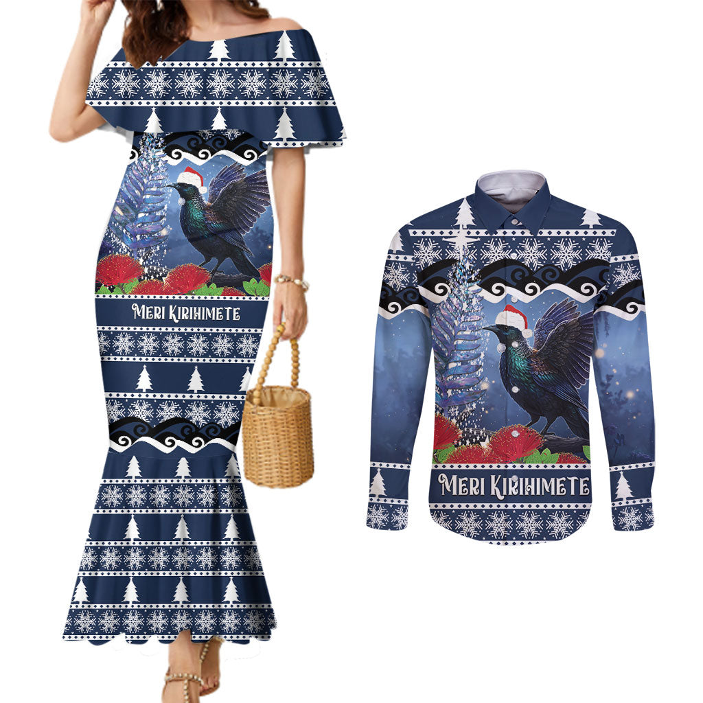 New Zealand Tui Bird Christmas Couples Matching Mermaid Dress and Long Sleeve Button Shirt Pohutukawa Xmas Tree Meri Kirihimete LT22 Blue - Polynesian Pride
