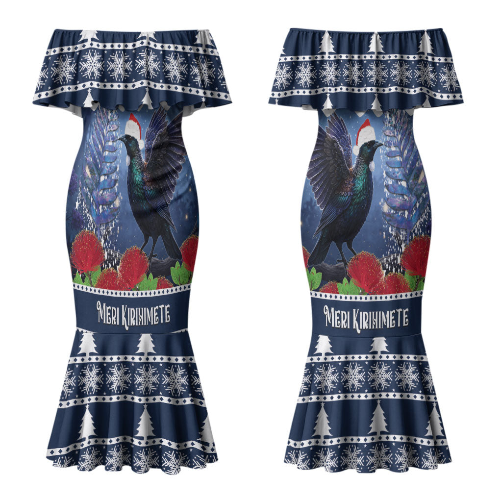 New Zealand Tui Bird Christmas Couples Matching Mermaid Dress and Long Sleeve Button Shirt Pohutukawa Xmas Tree Meri Kirihimete LT22 - Polynesian Pride