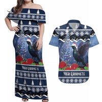 New Zealand Tui Bird Christmas Couples Matching Off Shoulder Maxi Dress and Hawaiian Shirt Pohutukawa Xmas Tree Meri Kirihimete