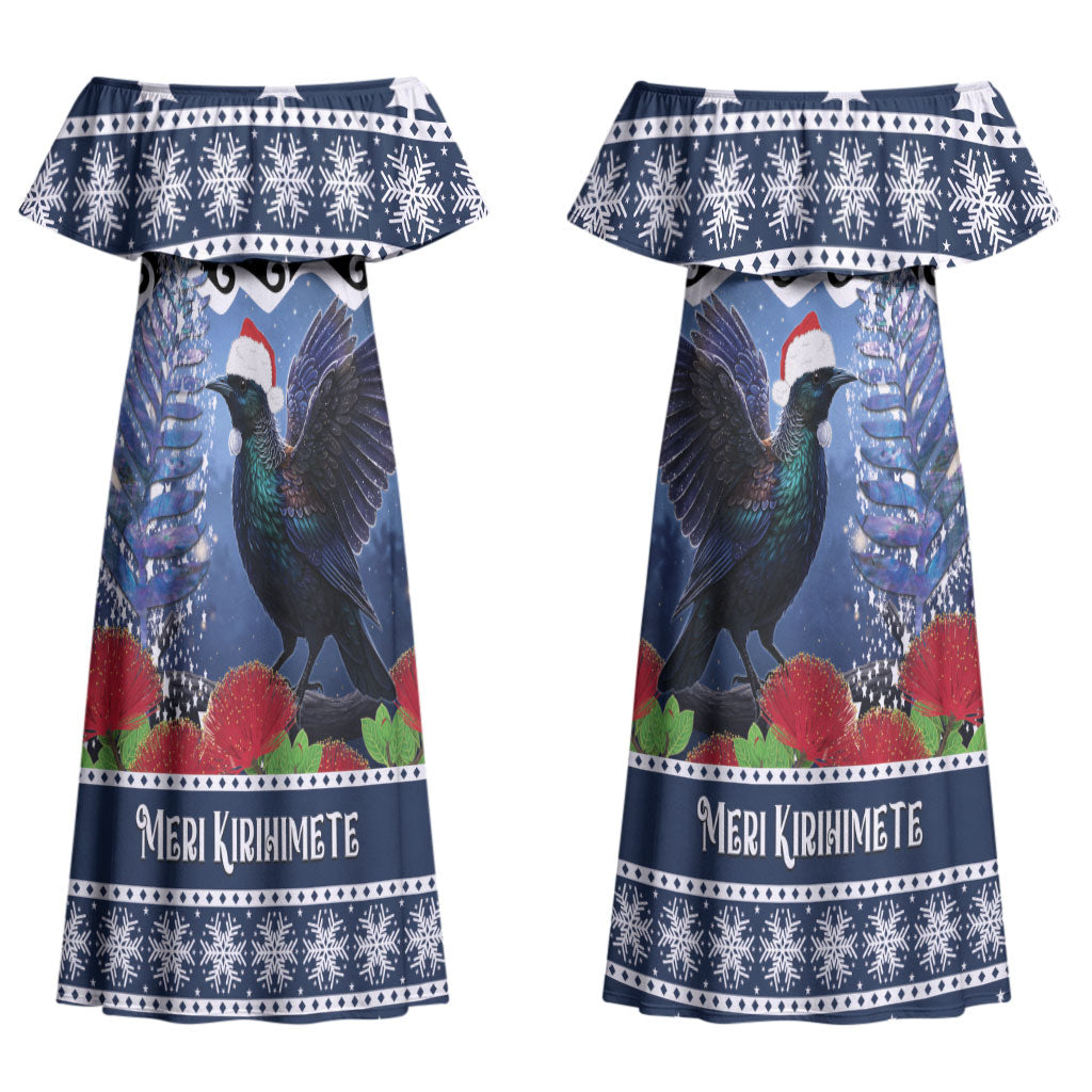 New Zealand Tui Bird Christmas Couples Matching Off Shoulder Maxi Dress and Hawaiian Shirt Pohutukawa Xmas Tree Meri Kirihimete LT22 - Polynesian Pride