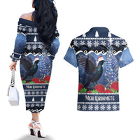 New Zealand Tui Bird Christmas Couples Matching Off The Shoulder Long Sleeve Dress and Hawaiian Shirt Pohutukawa Xmas Tree Meri Kirihimete