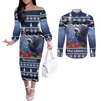 New Zealand Tui Bird Christmas Couples Matching Off The Shoulder Long Sleeve Dress and Long Sleeve Button Shirt Pohutukawa Xmas Tree Meri Kirihimete