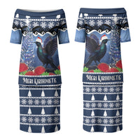 New Zealand Tui Bird Christmas Couples Matching Puletasi and Long Sleeve Button Shirt Pohutukawa Xmas Tree Meri Kirihimete LT22 - Polynesian Pride