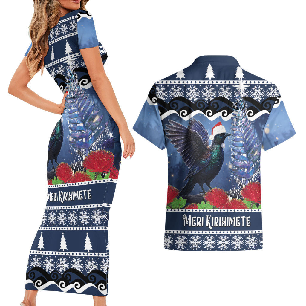 New Zealand Tui Bird Christmas Couples Matching Short Sleeve Bodycon Dress and Hawaiian Shirt Pohutukawa Xmas Tree Meri Kirihimete