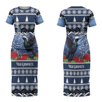 New Zealand Tui Bird Christmas Couples Matching Short Sleeve Bodycon Dress and Hawaiian Shirt Pohutukawa Xmas Tree Meri Kirihimete LT22 - Polynesian Pride
