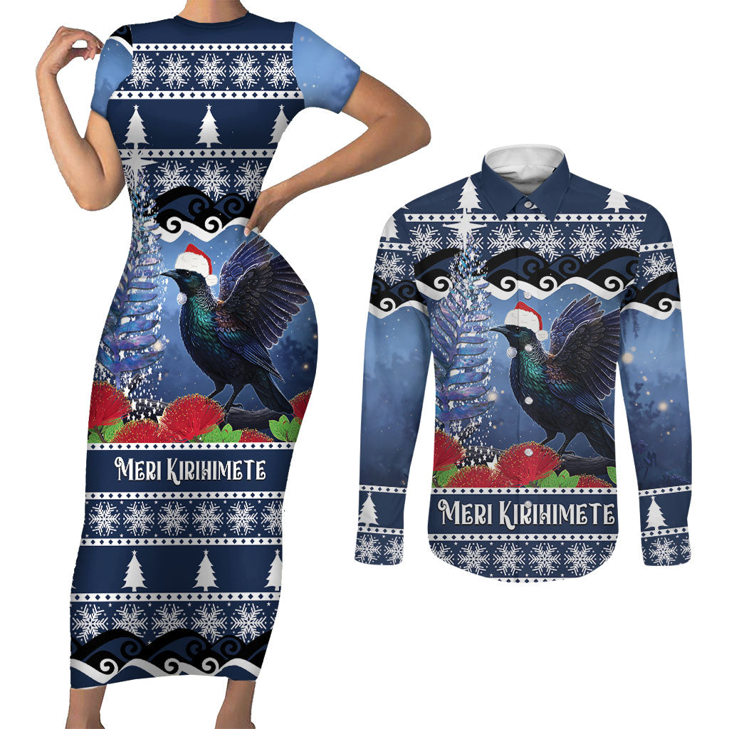 New Zealand Tui Bird Christmas Couples Matching Short Sleeve Bodycon Dress and Long Sleeve Button Shirt Pohutukawa Xmas Tree Meri Kirihimete LT22 Blue - Polynesian Pride