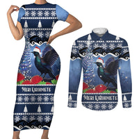 New Zealand Tui Bird Christmas Couples Matching Short Sleeve Bodycon Dress and Long Sleeve Button Shirt Pohutukawa Xmas Tree Meri Kirihimete