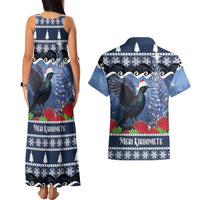 New Zealand Tui Bird Christmas Couples Matching Tank Maxi Dress and Hawaiian Shirt Pohutukawa Xmas Tree Meri Kirihimete