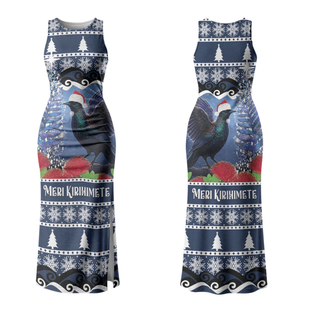 New Zealand Tui Bird Christmas Couples Matching Tank Maxi Dress and Long Sleeve Button Shirt Pohutukawa Xmas Tree Meri Kirihimete LT22 - Polynesian Pride
