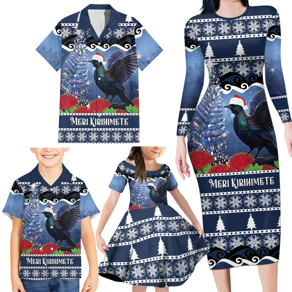 New Zealand Tui Bird Christmas Family Matching Long Sleeve Bodycon Dress and Hawaiian Shirt Pohutukawa Xmas Tree Meri Kirihimete