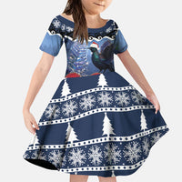 New Zealand Tui Bird Christmas Family Matching Off The Shoulder Long Sleeve Dress and Hawaiian Shirt Pohutukawa Xmas Tree Meri Kirihimete