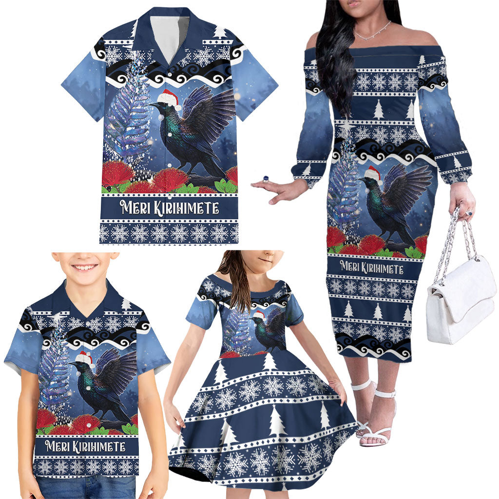 New Zealand Tui Bird Christmas Family Matching Off The Shoulder Long Sleeve Dress and Hawaiian Shirt Pohutukawa Xmas Tree Meri Kirihimete LT22 - Polynesian Pride