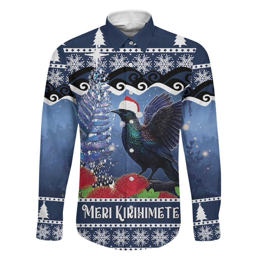 New Zealand Tui Bird Christmas Family Matching Off The Shoulder Long Sleeve Dress and Hawaiian Shirt Pohutukawa Xmas Tree Meri Kirihimete