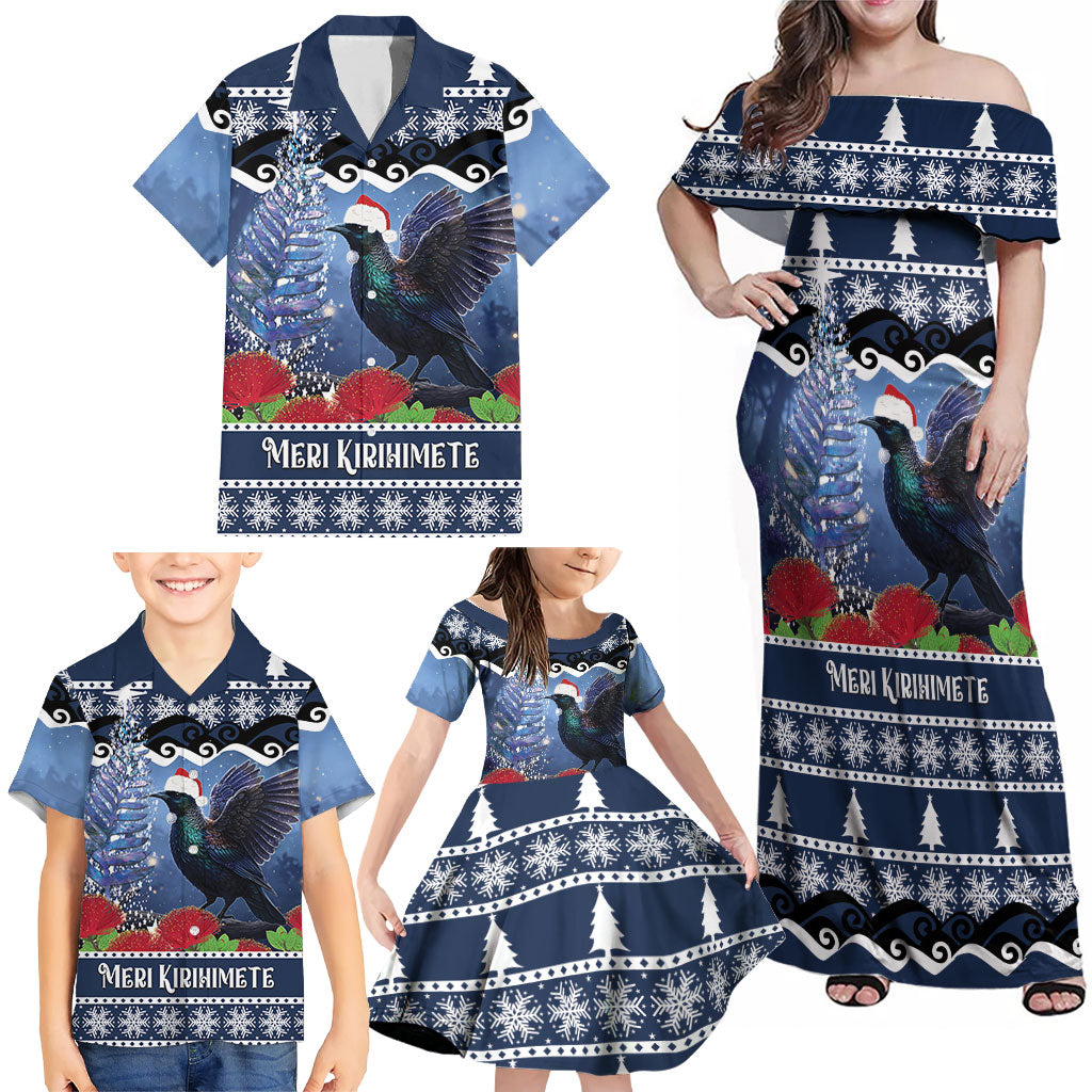 New Zealand Tui Bird Christmas Family Matching Off Shoulder Maxi Dress and Hawaiian Shirt Pohutukawa Xmas Tree Meri Kirihimete LT22 - Polynesian Pride