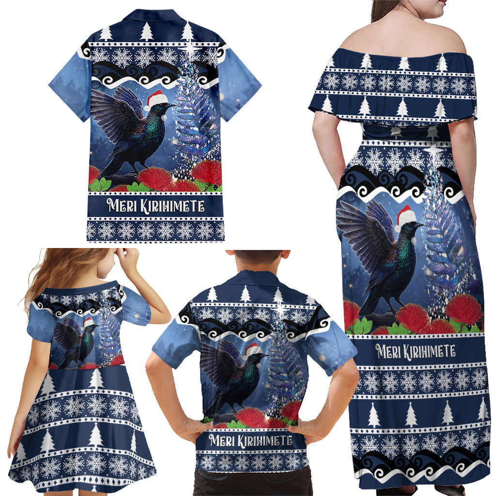 New Zealand Tui Bird Christmas Family Matching Off Shoulder Maxi Dress and Hawaiian Shirt Pohutukawa Xmas Tree Meri Kirihimete