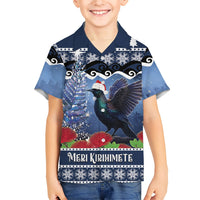 New Zealand Tui Bird Christmas Family Matching Off Shoulder Maxi Dress and Hawaiian Shirt Pohutukawa Xmas Tree Meri Kirihimete