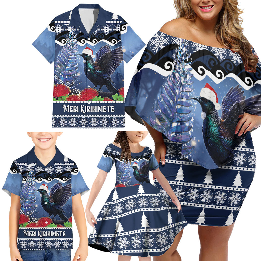 New Zealand Tui Bird Christmas Family Matching Off Shoulder Short Dress and Hawaiian Shirt Pohutukawa Xmas Tree Meri Kirihimete