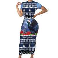 New Zealand Tui Bird Christmas Family Matching Short Sleeve Bodycon Dress and Hawaiian Shirt Pohutukawa Xmas Tree Meri Kirihimete