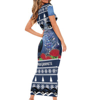 New Zealand Tui Bird Christmas Family Matching Short Sleeve Bodycon Dress and Hawaiian Shirt Pohutukawa Xmas Tree Meri Kirihimete