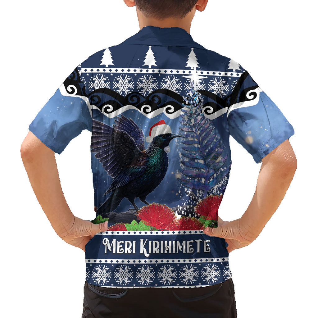 New Zealand Tui Bird Christmas Family Matching Tank Maxi Dress and Hawaiian Shirt Pohutukawa Xmas Tree Meri Kirihimete