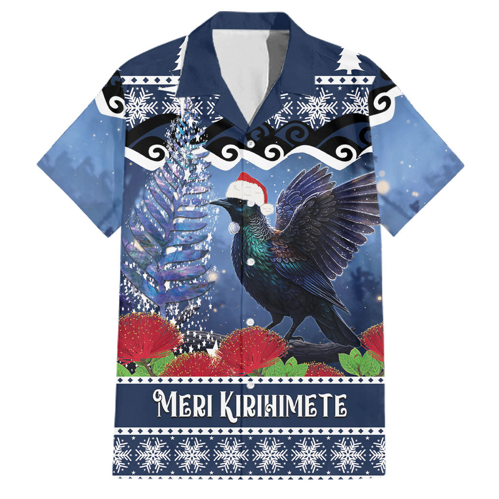 New Zealand Tui Bird Christmas Family Matching Tank Maxi Dress and Hawaiian Shirt Pohutukawa Xmas Tree Meri Kirihimete