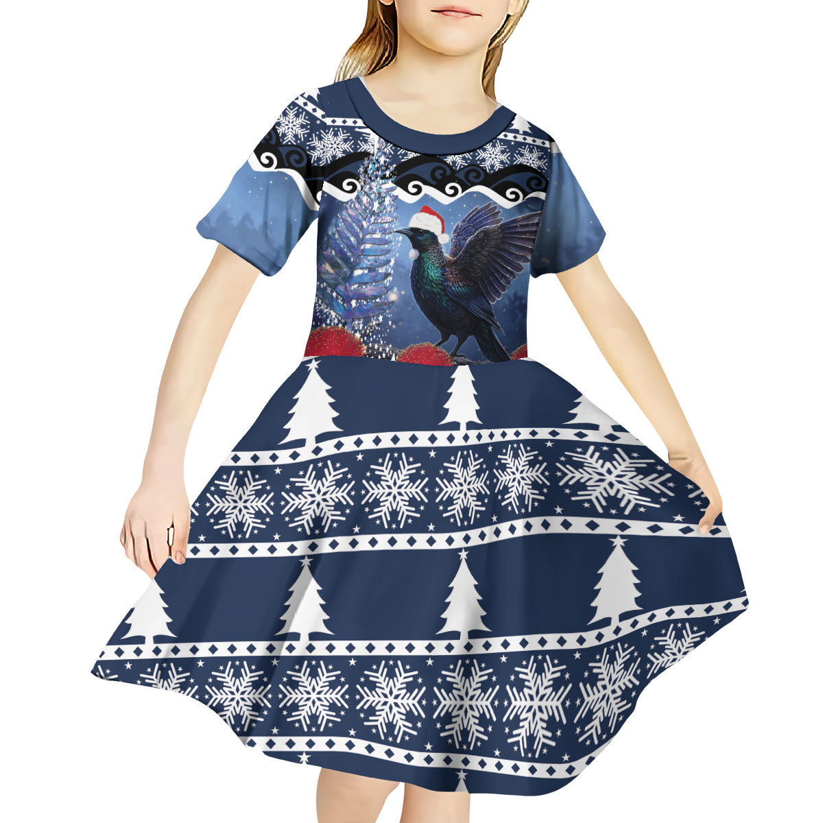 New Zealand Tui Bird Christmas Kid Short Sleeve Dress Pohutukawa Xmas Tree Meri Kirihimete
