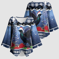New Zealand Tui Bird Christmas Kimono Sleeve Blouse Pohutukawa Xmas Tree Meri Kirihimete