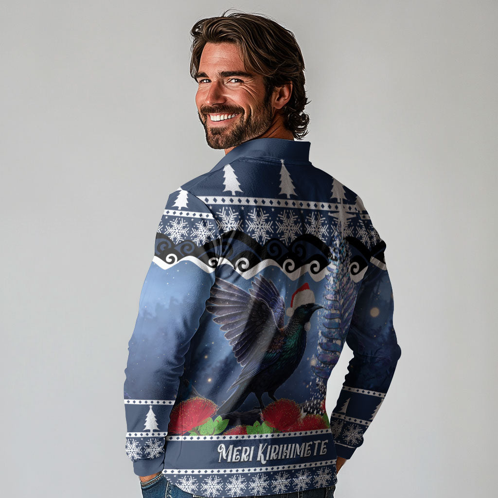 New Zealand Tui Bird Christmas Long Sleeve Polo Shirt Pohutukawa Xmas Tree Meri Kirihimete