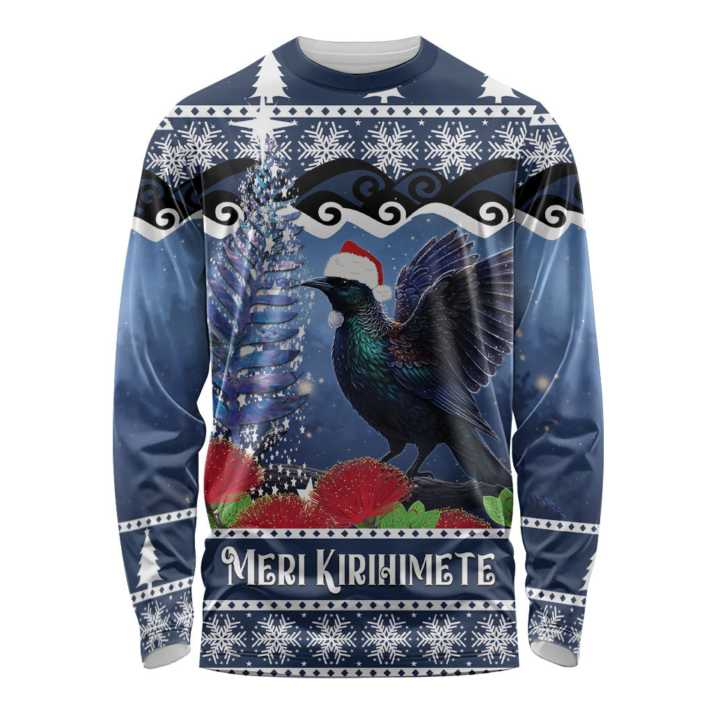 New Zealand Tui Bird Christmas Long Sleeve Shirt Pohutukawa Xmas Tree Meri Kirihimete