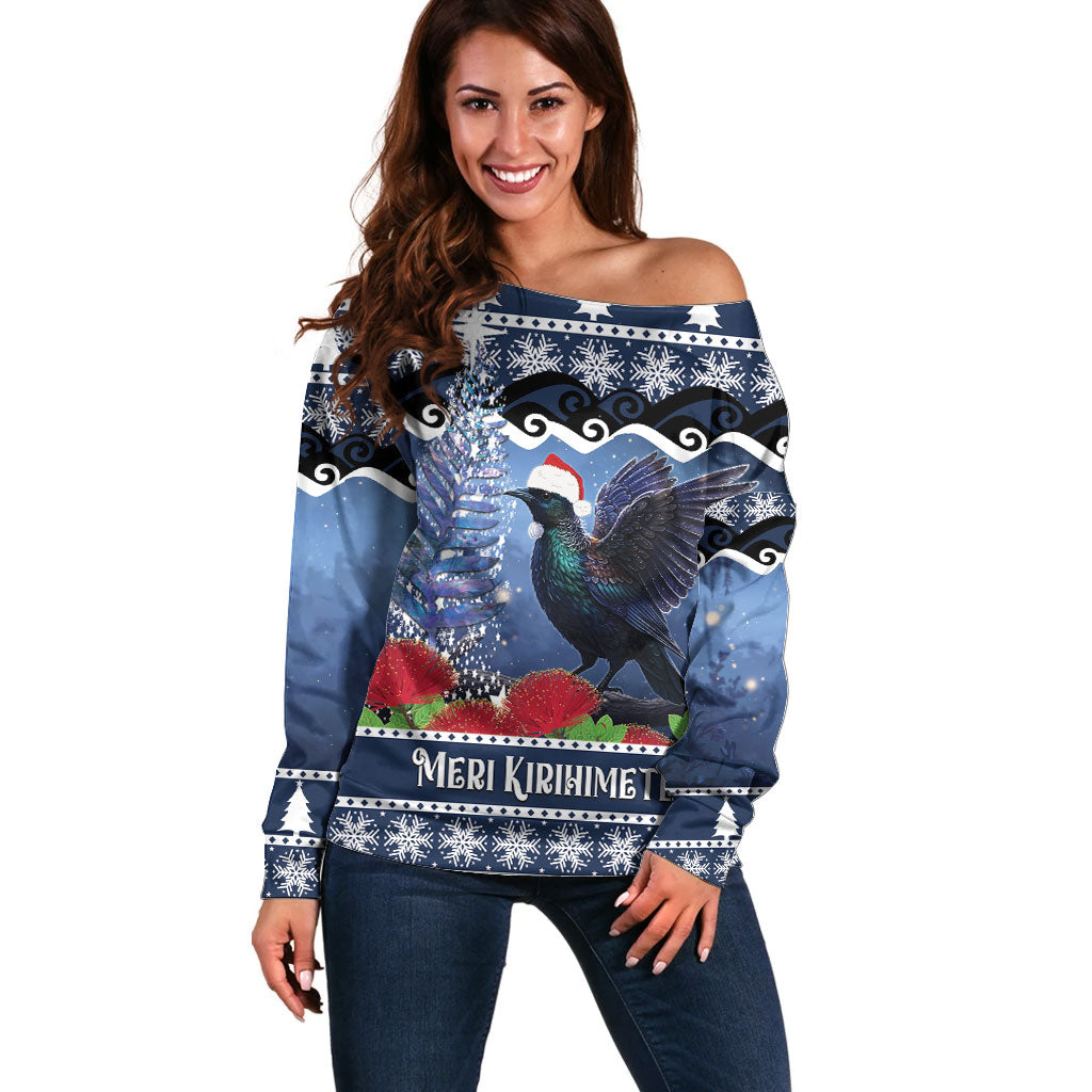 New Zealand Tui Bird Christmas Off Shoulder Sweater Pohutukawa Xmas Tree Meri Kirihimete