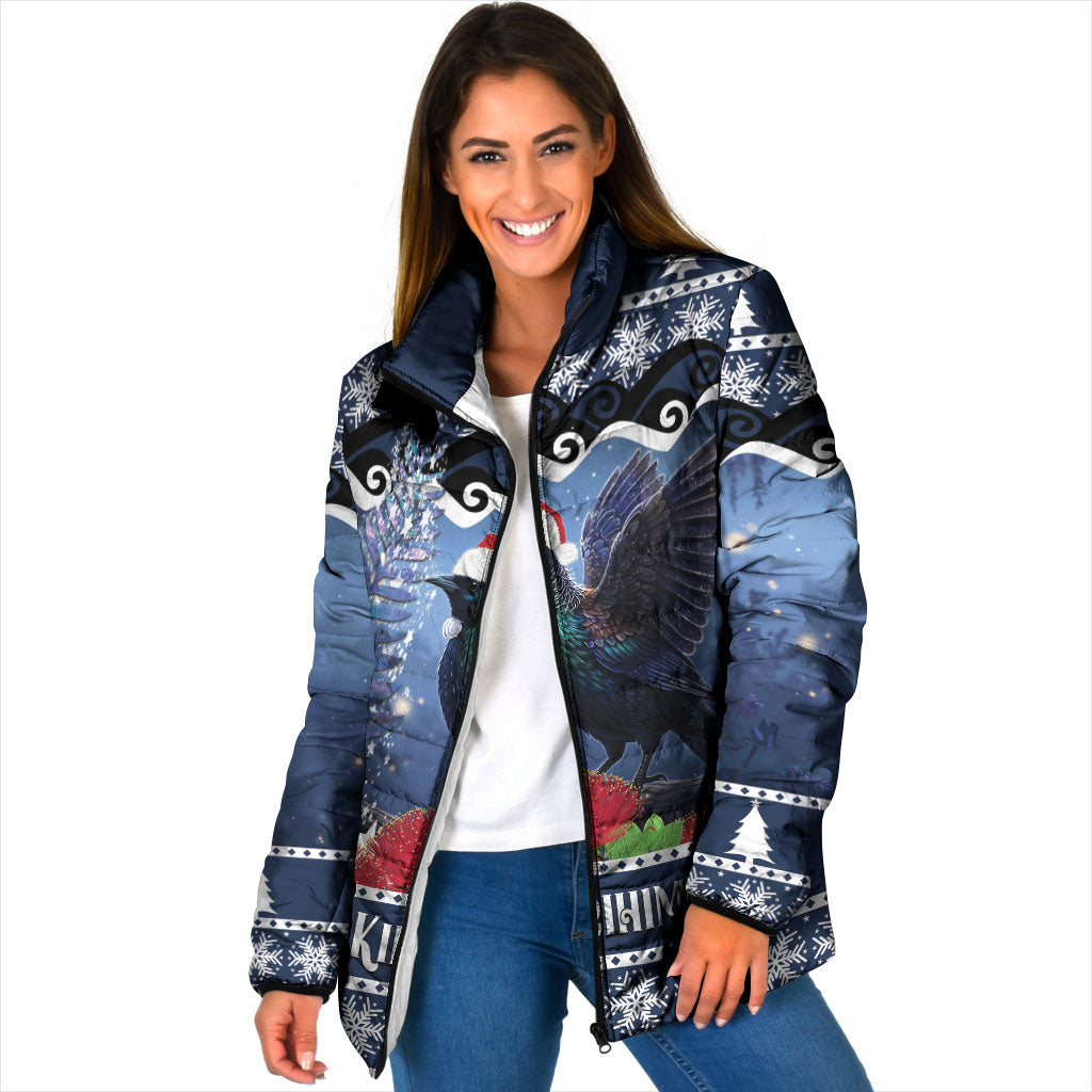 New Zealand Tui Bird Christmas Padded Jacket Pohutukawa Xmas Tree Meri Kirihimete