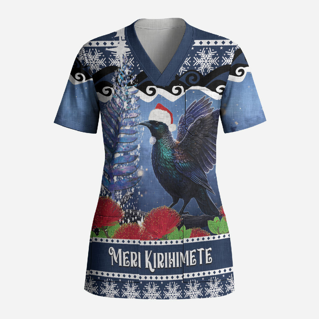New Zealand Tui Bird Christmas Scrub Top Pohutukawa Xmas Tree Meri Kirihimete LT22 Adult Blue - Polynesian Pride