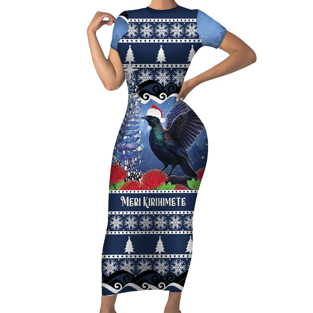 New Zealand Tui Bird Christmas Short Sleeve Bodycon Dress Pohutukawa Xmas Tree Meri Kirihimete LT22 Long Dress Blue - Polynesian Pride