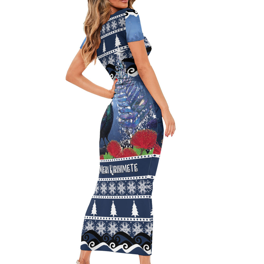 New Zealand Tui Bird Christmas Short Sleeve Bodycon Dress Pohutukawa Xmas Tree Meri Kirihimete