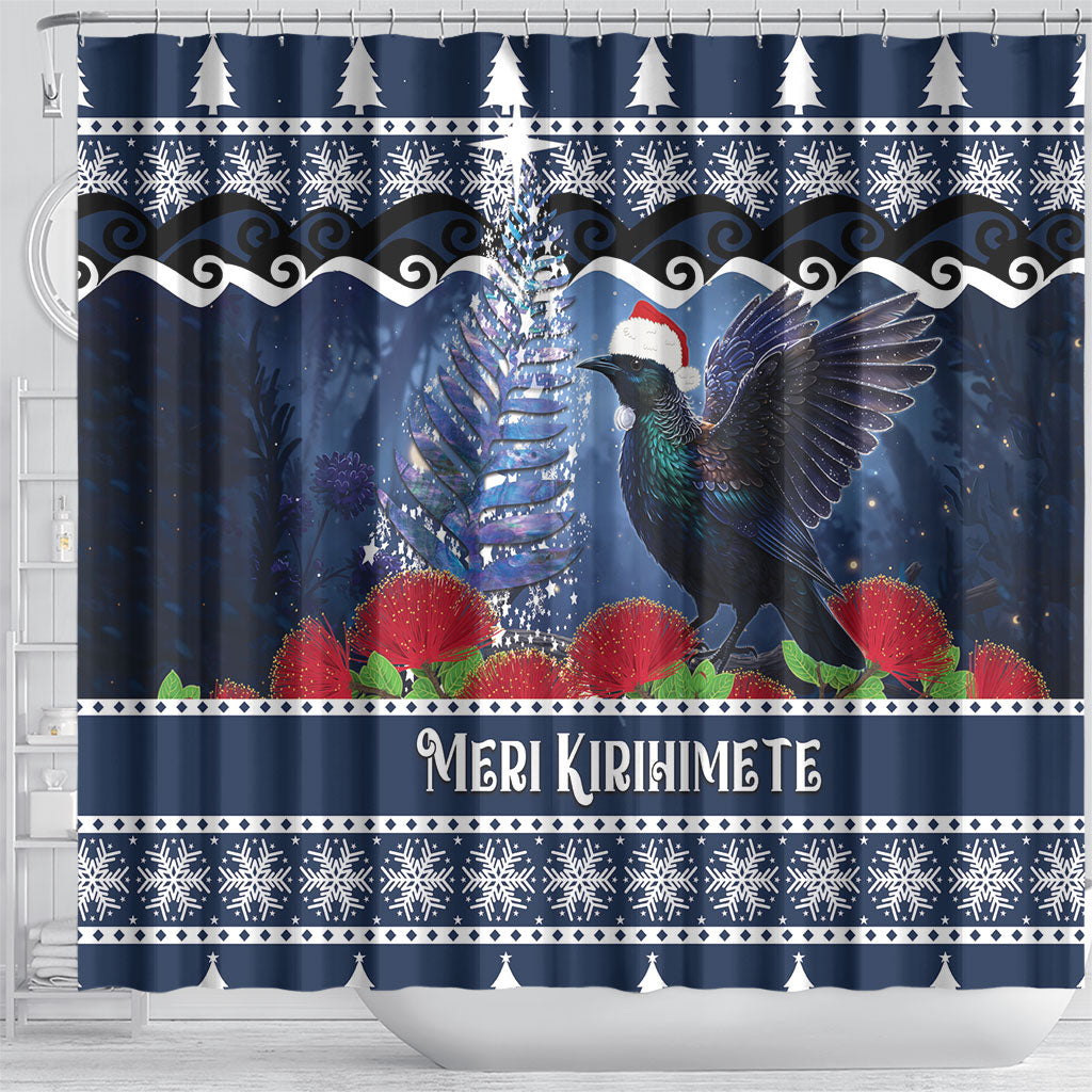 New Zealand Tui Bird Christmas Shower Curtain Pohutukawa Xmas Tree Meri Kirihimete