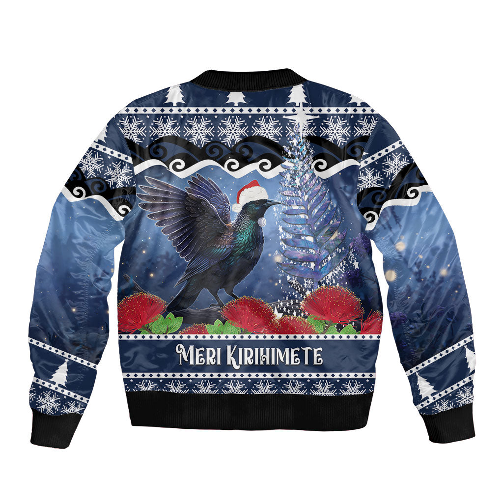 New Zealand Tui Bird Christmas Sleeve Zip Bomber Jacket Pohutukawa Xmas Tree Meri Kirihimete