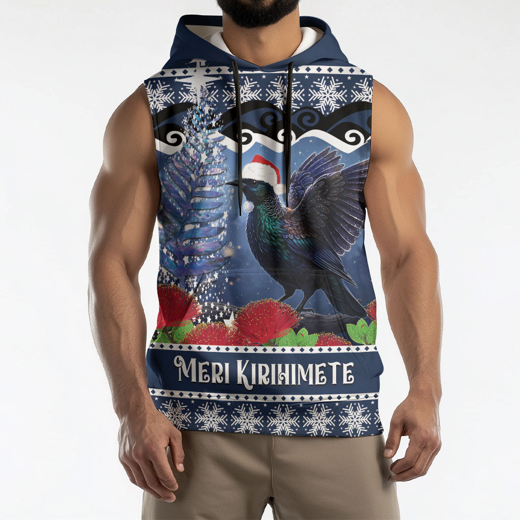 New Zealand Tui Bird Christmas Sleeveless Hoodie Pohutukawa Xmas Tree Meri Kirihimete