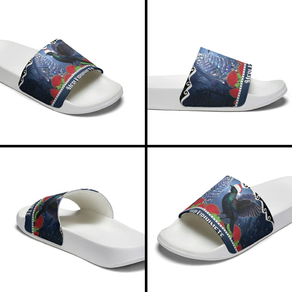 New Zealand Tui Bird Christmas Slide Sandals Pohutukawa Xmas Tree Meri Kirihimete